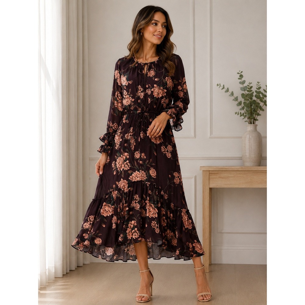 Johanna Ortiz x HM Floral Maxi Dress XL Burgundy Ruffle High Low Boho Crepe